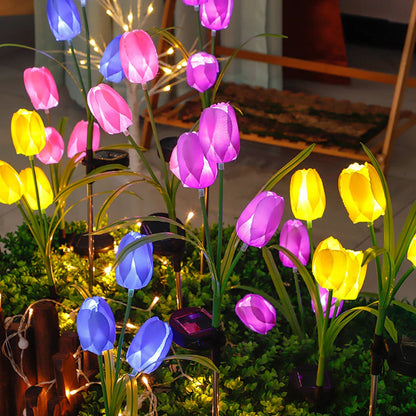 Solar Powered Three-Headed Tulips with Leaves (Random Colors)