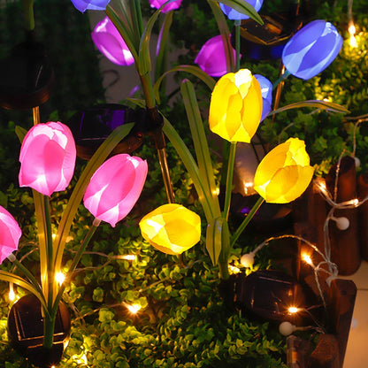 Solar Powered Three-Headed Tulips with Leaves (Random Colors)